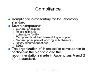 Copyright © 2017, Elsevier Inc. All Rights Reserved.
Compliance
 Compliance is mandatory for the laboratory
standard
 Seven components:
 General principles
 Responsibilities
 Laboratory facility
 Components of the chemical hygiene plan
 General principles of working with chemicals
 Safety recommendations
 SDSs
 The organization of these topics corresponds to
sections in the standard and the
recommendations made in Appendixes A and B
of the standard.
42
 