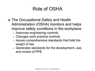 Copyright © 2017, Elsevier Inc. All Rights Reserved.
Role of OSHA
 The Occupational Safety and Health
Administration (OSHA) monitors and helps
improve safety conditions in the workplace:
 Improves engineering controls
 Changes work practice controls
 Issues comprehensive standards that hold the
weight of law
 Generates standards for the development, use,
and review of PPE
9
 