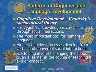Patterns of Cognitive and
Language Development
 Cognitive Development – Vygotsky’s
sociocultural theory
 For Vygotsky, knowledge is co-constructed
through social interactions.
 The most important tool for humans is
language.
 Higher cognitive processes develop from
verbal and nonverbal social interactions.
 Scaffolding involves changing the support
given a learner in the course of teaching a
skill or concept.
©2011 Cengage Learning.
 