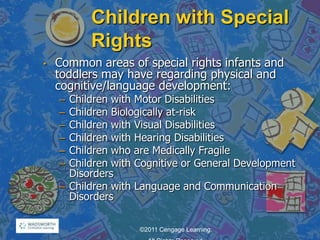 Children with Special
Rights
• Common areas of special rights infants and
toddlers may have regarding physical and
cognitive/language development:
– Children with Motor Disabilities
– Children Biologically at-risk
– Children with Visual Disabilities
– Children with Hearing Disabilities
– Children who are Medically Fragile
– Children with Cognitive or General Development
Disorders
– Children with Language and Communication
Disorders
©2011 Cengage Learning.
 