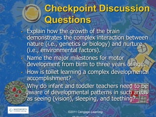 Checkpoint Discussion
Questions
• Explain how the growth of the brain
demonstrates the complex interaction between
nature (i.e., genetics or biology) and nurture
(i.e., environmental factors).
• Name the major milestones for motor
development from birth to three years of age.
• How is toilet learning a complex developmental
accomplishment?
• Why do infant and toddler teachers need to be
aware of developmental patterns in such areas
as seeing (vision), sleeping, and teething?
©2011 Cengage Learning.
 