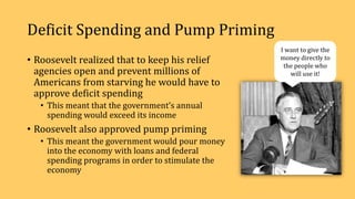 Deficit Spending and Pump Priming
• Roosevelt realized that to keep his relief
agencies open and prevent millions of
Americans from starving he would have to
approve deficit spending
• This meant that the government’s annual
spending would exceed its income
• Roosevelt also approved pump priming
• This meant the government would pour money
into the economy with loans and federal
spending programs in order to stimulate the
economy
I want to give the
money directly to
the people who
will use it!
 