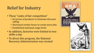 Relief for Industry
• These “codes of fair competition”
• Set prices of products to eliminate discount
selling
• Shortened worker hours to create more jobs
• Established minimum wage levels
• In addition, factories were limited to two
shifts a day
• To direct this program, the National
Recovery Administration was created
 