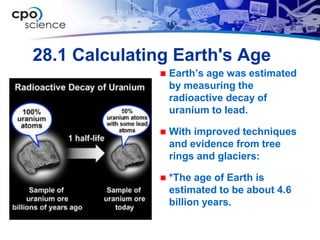 28.1 Calculating Earth's Age
                 Earth’s age was estimated
                  by measuring the
                  radioactive decay of
                  uranium to lead.

                 With improved techniques
                  and evidence from tree
                  rings and glaciers:

                 *The age of Earth is
                  estimated to be about 4.6
                  billion years.
 