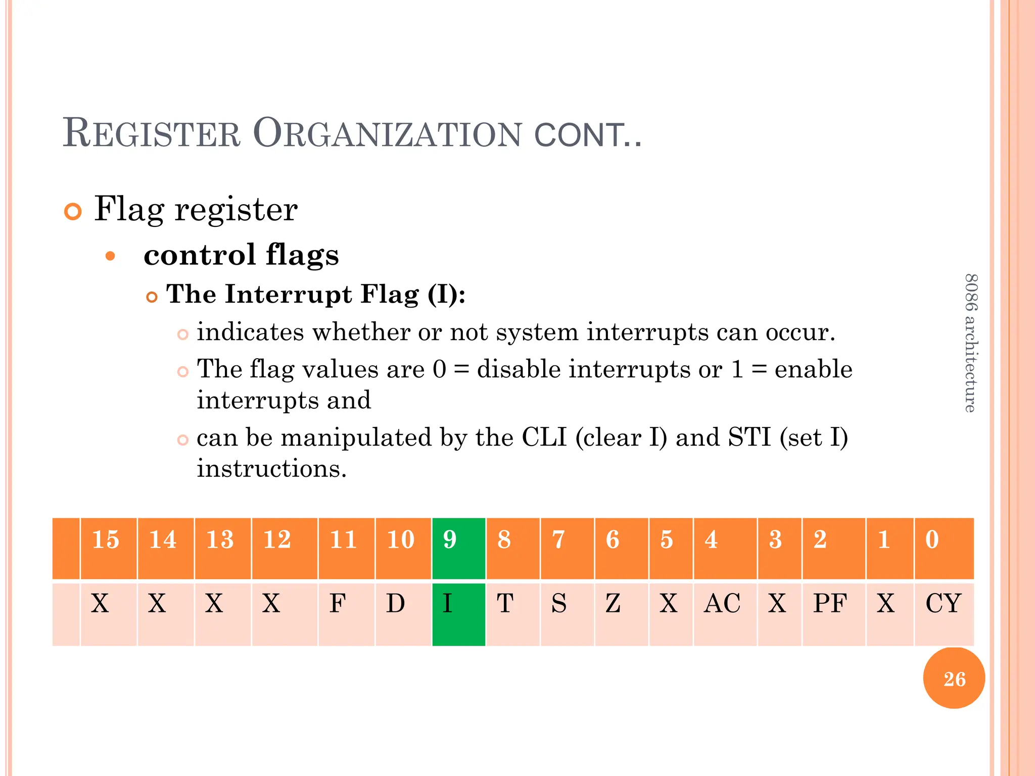 REGISTER ORGANIZATION CONT..
 Flag register
 control flags
 The Interrupt Flag (I):
 indicates whether or not system interrupts can occur.
 The flag values are 0 = disable interrupts or 1 = enable
interrupts and
 can be manipulated by the CLI (clear I) and STI (set I)
instructions.
26
15 14 13 12 11 10 9 8 7 6 5 4 3 2 1 0
X X X X F D I T S Z X AC X PF X CY
8086
architecture
 