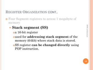 REGISTER ORGANIZATION CONT..
 Four Segment registers to access 1 megabyte of
memory
 Stack segment (SS)
a 16-bit register
used for addressing stack segment of the
memory (64kb) where stack data is stored.
SS register can be changed directly using
POP instruction.
19
8086
architecture
 