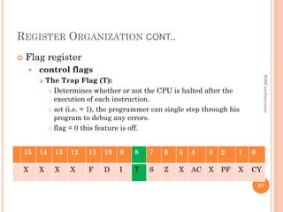 REGISTER ORGANIZATION CONT..
 Flag register
 control flags
 The Trap Flag (T):
 Determines whether or not the CPU is halted after the
execution of each instruction.
 set (i.e. = 1), the programmer can single step through his
program to debug any errors.
 flag = 0 this feature is off.
27
15 14 13 12 11 10 9 8 7 6 5 4 3 2 1 0
X X X X F D I T S Z X AC X PF X CY
8086
architecture
 
