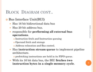 BLOCK DIAGRAM CONT..
 Bus Interface Unit(BUI)
 Has 16 bit bidirectional data bus
 Has 20 bit address bus.
 responsible for performing all external bus
operations.
 Instruction fetch and Instruction queuing
 Operand fetch and storage
 Address relocation and Bus control.
 Has instruction stream queue to implement pipeline
architecture.
 prefetching instructions are held in its FIFO queue.
 With its 16 bit data bus, the BIU fetches two
instruction bytes in a single memory cycle. 7
8086
architecture
 