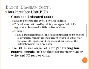 BLOCK DIAGRAM CONT..
 Bus Interface Unit(BUI)
 Contains a dedicated adder
 used to generate the 20 bit physical address
 This address is formed by adding an appended 16 bit
segment address and a 16 bit offset address.
 example:
 The physical address of the next instruction to be fetched
is formed by combining the current contents of the code
segment CS register and the current contents of the
instruction pointer IP register.
 The BIU is also responsible for generating bus
control signals such as those for memory read or
write and I/O read or write.
8
8086
architecture
 