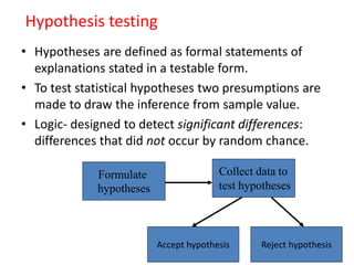 Hypothesis testing
• Hypotheses are defined as formal statements of
explanations stated in a testable form.
• To test statistical hypotheses two presumptions are
made to draw the inference from sample value.
• Logic- designed to detect significant differences:
differences that did not occur by random chance.
Formulate
hypotheses
Collect data to
test hypotheses
Accept hypothesis Reject hypothesis
 