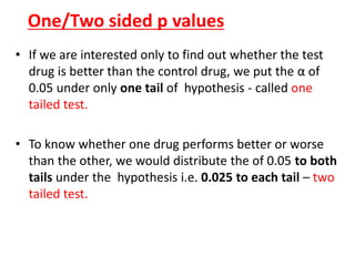 One/Two sided p values
• If we are interested only to find out whether the test
drug is better than the control drug, we put the α of
0.05 under only one tail of hypothesis - called one
tailed test.
• To know whether one drug performs better or worse
than the other, we would distribute the of 0.05 to both
tails under the hypothesis i.e. 0.025 to each tail – two
tailed test.
 