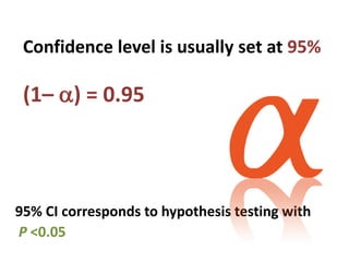 Confidence level is usually set at 95%
(1– ) = 0.95
95% CI corresponds to hypothesis testing with
P <0.05
 