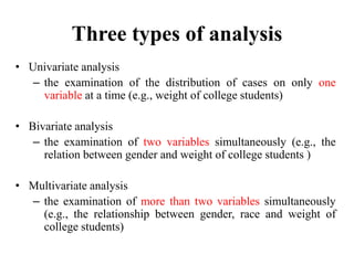 Three types of analysis
• Univariate analysis
– the examination of the distribution of cases on only one
variable at a time (e.g., weight of college students)
• Bivariate analysis
– the examination of two variables simultaneously (e.g., the
relation between gender and weight of college students )
• Multivariate analysis
– the examination of more than two variables simultaneously
(e.g., the relationship between gender, race and weight of
college students)
 