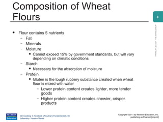 Composition of Wheat
Flours                                                                                                                          8




                                                                                                        PRINCIPLES OF THE BAKESHOP
   Flour contains 5 nutrients
     – Fat
     – Minerals
     – Moisture
                Cannot exceed 15% by government standards, but will vary
                 depending on climatic conditions
     –   Starch
                Necessary for the absorption of moisture
     –   Protein
                Gluten is the tough rubbery substance created when wheat
                 flour is mixed with water
                     – Lower protein content creates lighter, more tender
                       goods
                     – Higher protein content creates chewier, crisper
                       products

                                                                  Copyright ©2011 by Pearson Education, Inc.
    On Cooking: A Textbook of Culinary Fundamentals, 5e
                                                                              publishing as Pearson [imprint]
    Labensky • Hause • Martel
 