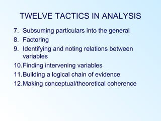 TWELVE TACTICS IN ANALYSIS
7. Subsuming particulars into the general
8. Factoring
9. Identifying and noting relations between
variables
10.Finding intervening variables
11.Building a logical chain of evidence
12.Making conceptual/theoretical coherence
 