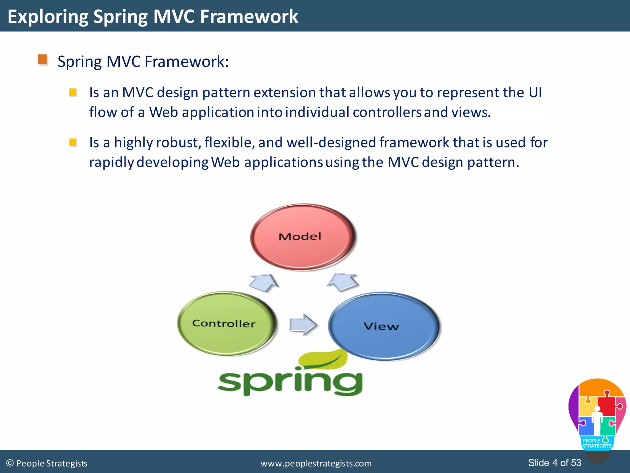 Slide 4 of 53© People Strategists www.peoplestrategists.com
Spring MVC Framework:
Is an MVC design pattern extension that allows you to represent the UI
flow of a Web applicationintoindividual controllersand views.
Is a highly robust, flexible, and well-designed framework that is used for
rapidlydevelopingWeb applicationsusing the MVC design pattern.
Exploring Spring MVC Framework
 