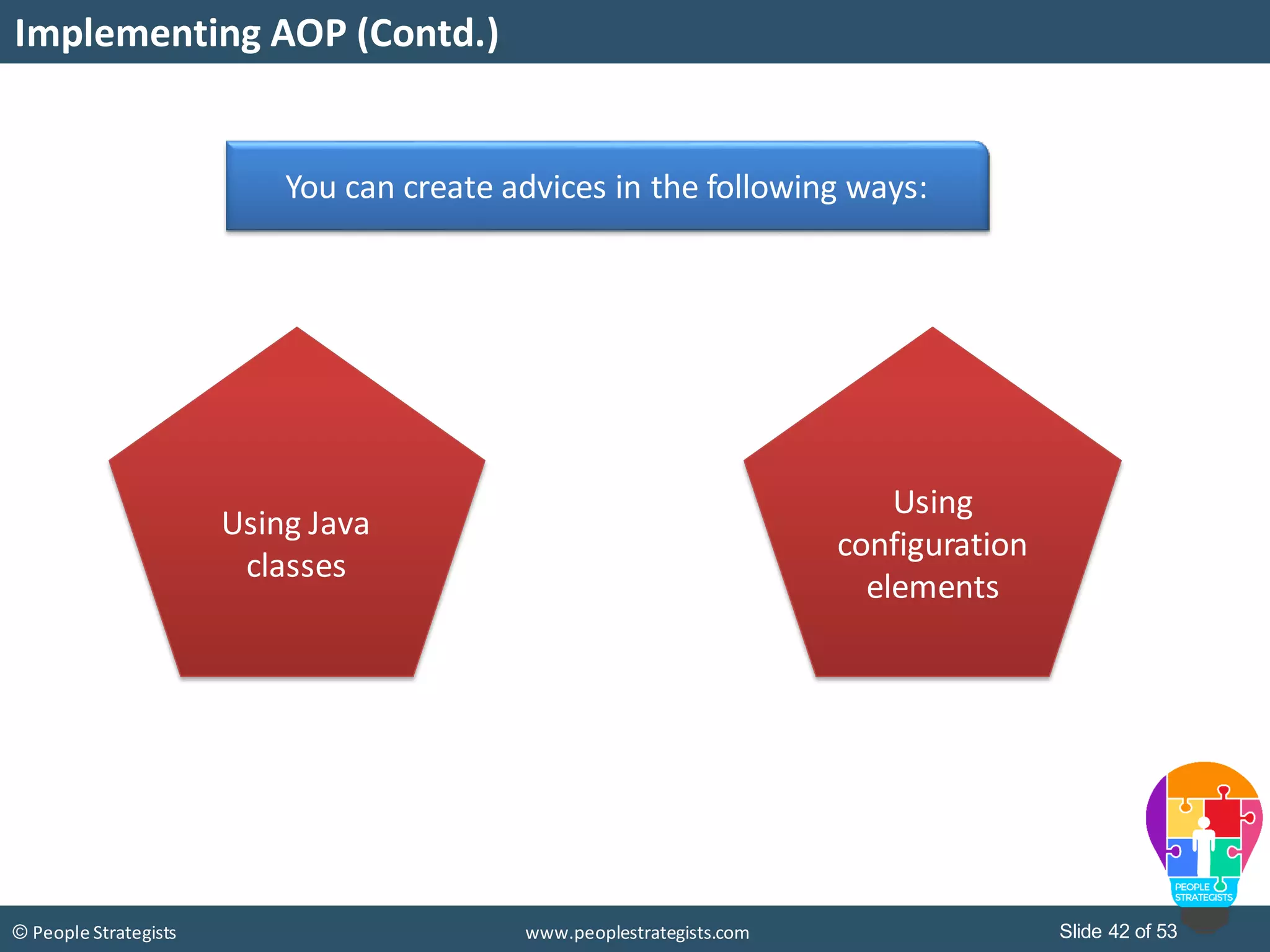 Slide 42 of 53© People Strategists www.peoplestrategists.com
Implementing AOP (Contd.)
You can create advices in the following ways:
Using Java
classes
Using
configuration
elements
 