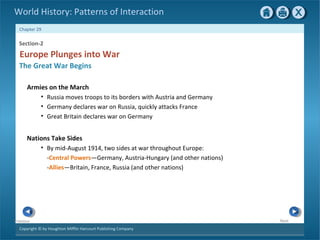 Copyright © by Houghton Mifflin Harcourt Publishing Company
NextPrevious
Chapter 29
World History: Patterns of Interaction
Nations Take Sides
• By mid-August 1914, two sides at war throughout Europe:
-Central Powers—Germany, Austria-Hungary (and other nations)
-Allies—Britain, France, Russia (and other nations)
Section-2
Europe Plunges into War
The Great War Begins
Armies on the March
• Russia moves troops to its borders with Austria and Germany
• Germany declares war on Russia, quickly attacks France
• Great Britain declares war on Germany
 
