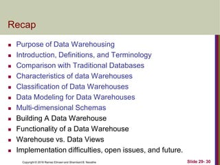 Copyright © 2016 Ramez Elmasri and Shamkant B. Navathe Slide 29- 30
Recap
 Purpose of Data Warehousing
 Introduction, Definitions, and Terminology
 Comparison with Traditional Databases
 Characteristics of data Warehouses
 Classification of Data Warehouses
 Data Modeling for Data Warehouses
 Multi-dimensional Schemas
 Building A Data Warehouse
 Functionality of a Data Warehouse
 Warehouse vs. Data Views
 Implementation difficulties, open issues, and future.
 