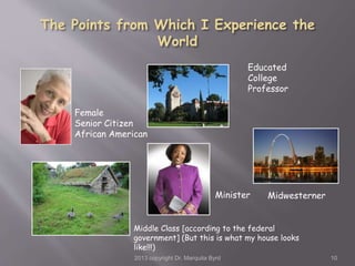 2013 copyright Dr. Marquita Byrd 10
Female
Senior Citizen
African American
Educated
College
Professor
MidwesternerMinister
Middle Class [according to the federal
government] (But this is what my house looks
like!!!)
 