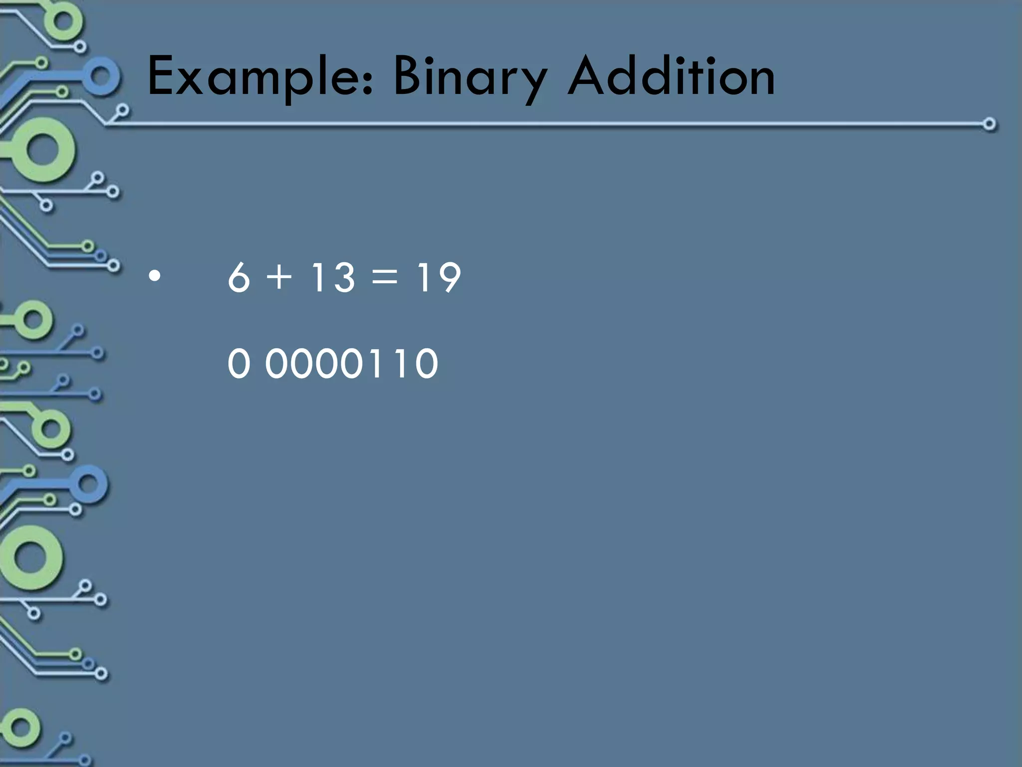 Example: Binary Addition


•   6 + 13 = 19
    0 0000110
 