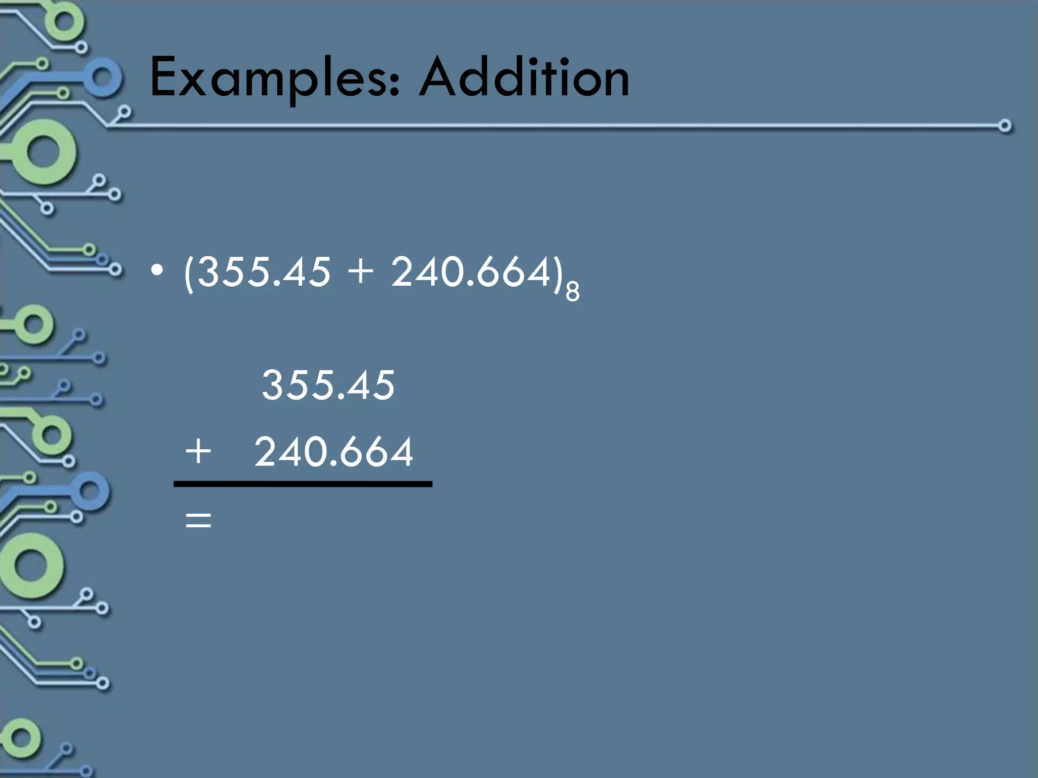 Examples: Addition

• (355.45 + 240.664)8

   355.45
 + 240.664
 =
 