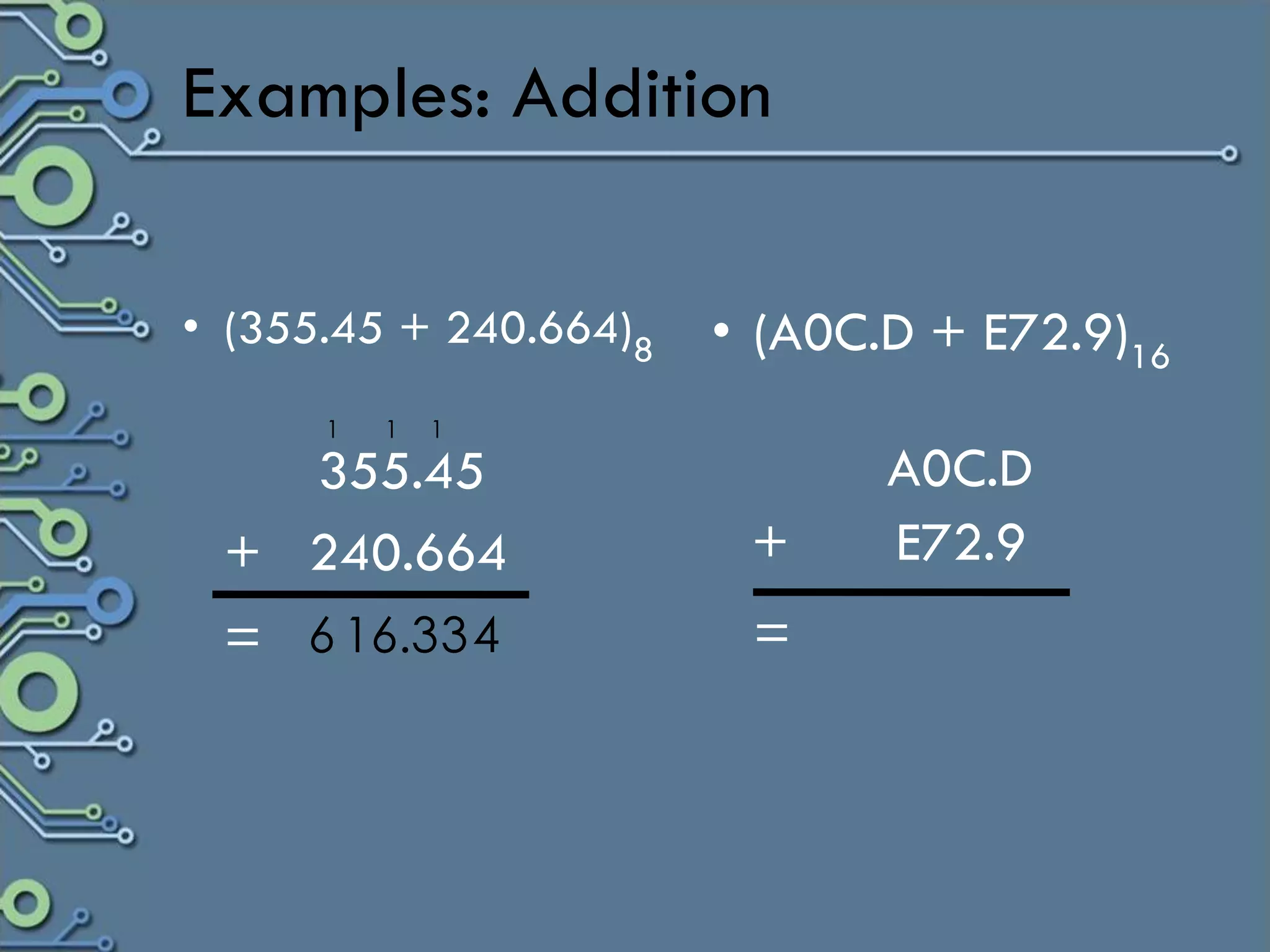 Examples: Addition

• (355.45 + 240.664)8   • (A0C.D + E72.9)16
      1   1   1

   355.45                      A0C.D
 + 240.664               +     E72.9
 = 6 16.3 3 4            =
 