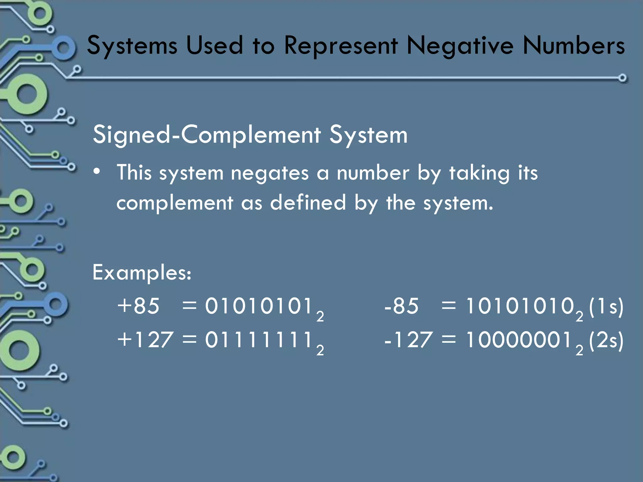 Systems Used to Represent Negative Numbers


Signed-Complement System
• This system negates a number by taking its
  complement as defined by the system.

Examples:
  +85 = 010101012           -85 = 101010102 (1s)
  +127 = 011111112          -127 = 100000012 (2s)
 