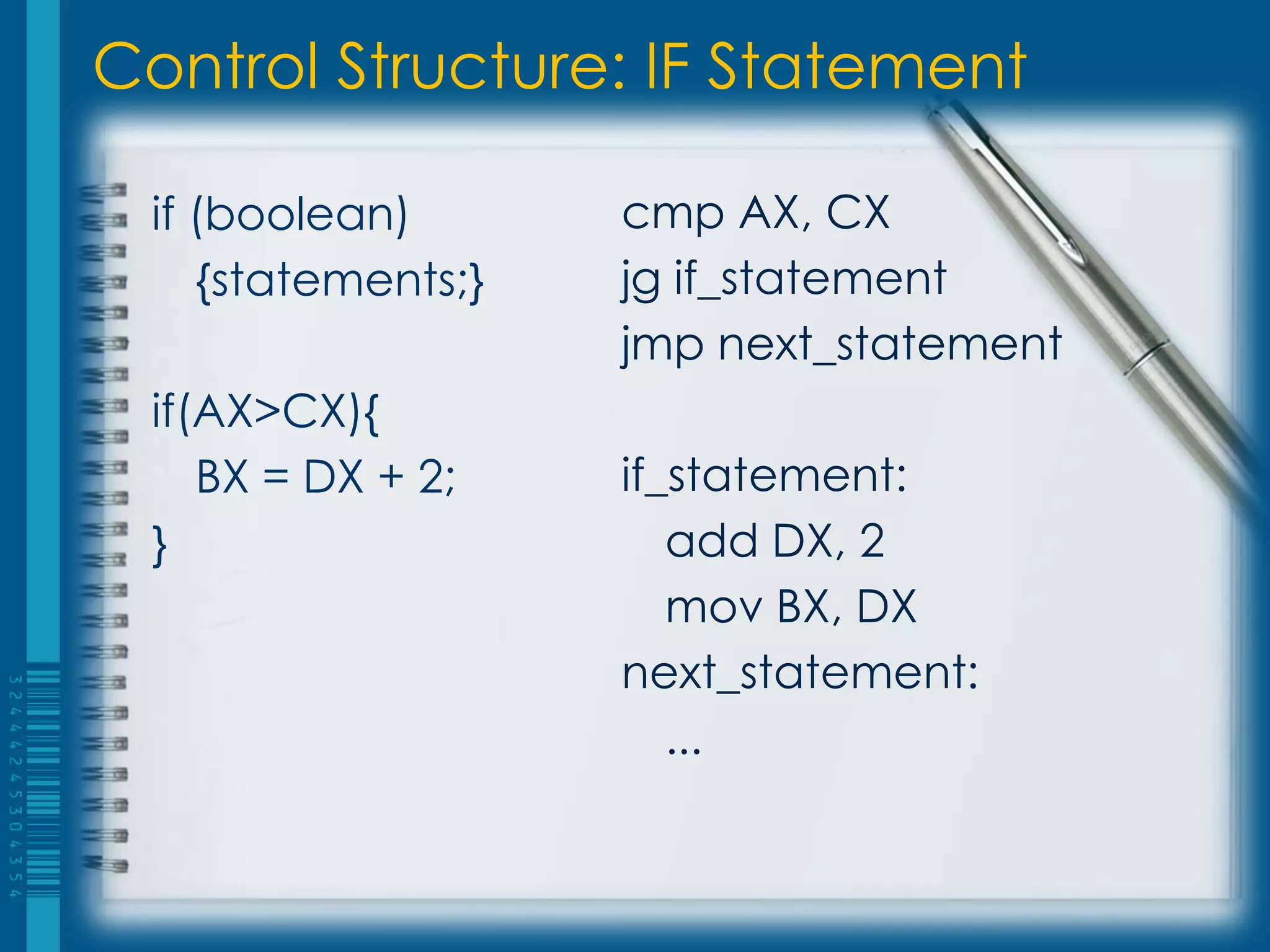 Control Structure: IF Statement

 if (boolean)       cmp AX, CX
    {statements;}   jg if_statement
                    jmp next_statement
 if(AX>CX){
    BX = DX + 2;    if_statement:
 }                     add DX, 2
                       mov BX, DX
                    next_statement:
                       ...
 