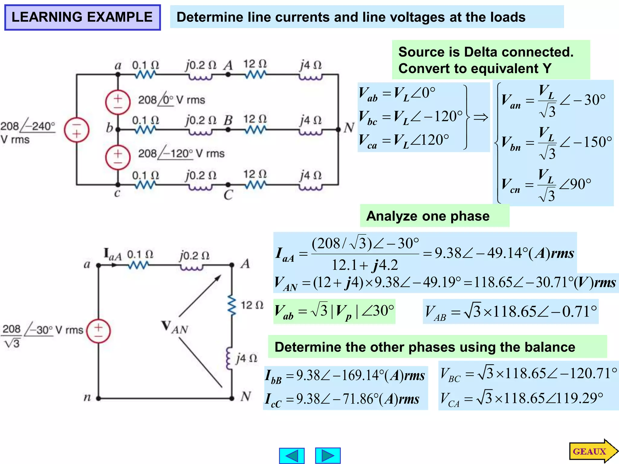 LEARNING EXAMPLE Determine line currents and line voltages at the loads
Source is Delta connected.
Convert to equivalent Y
















120
120
0
L
ca
L
bc
L
ab
V
V
V
V
V
V




















90
3
150
3
30
3
L
cn
L
bn
L
an
V
V
V
V
V
V
Analyze one phase
rms
A
j
IaA )
(
14
.
49
38
.
9
2
.
4
1
.
12
30
)
3
/
208
(









rms
V
j
VAN )
(
71
.
30
65
.
118
19
.
49
38
.
9
)
4
12
( 









Determine the other phases using the balance
rms
A
I
rms
A
I
cC
bB
)
(
86
.
71
38
.
9
)
(
14
.
169
38
.
9










 30
|
|
3 p
ab V
V 3 118.65 0.71
AB
V    
3 118.65 120.71
3 118.65 119.29
BC
CA
V
V
   
   
 