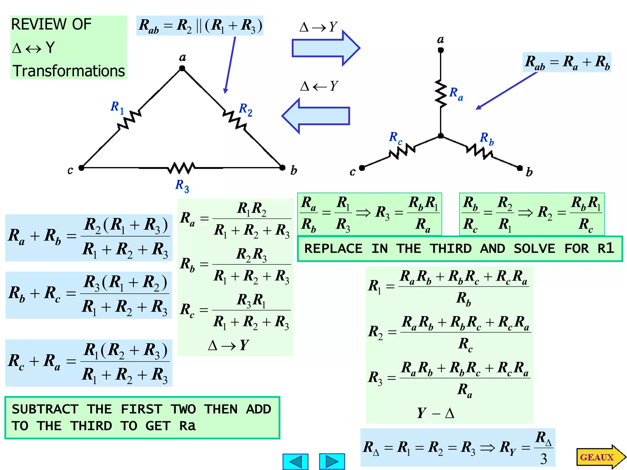 Y


b
a
ab R
R
R 

)
(
|| 3
1
2 R
R
R
Rab 

3
2
1
3
1
2 )
(
R
R
R
R
R
R
R
R b
a





3
2
1
2
1
3 )
(
R
R
R
R
R
R
R
R c
b





3
2
1
3
2
1 )
(
R
R
R
R
R
R
R
R a
c





SUBTRACT THE FIRST TWO THEN ADD
TO THE THIRD TO GET Ra
a
b
b
a
R
R
R
R
R
R
R
R 1
3
3
1



c
b
c
b
R
R
R
R
R
R
R
R 1
2
1
2



REPLACE IN THE THIRD AND SOLVE FOR R1
Y
R
R
R
R
R
R
R
R
R
R
R
R
R
R
R
R
R
R
c
b
a











3
2
1
1
3
3
2
1
3
2
3
2
1
2
1











Y
R
R
R
R
R
R
R
R
R
R
R
R
R
R
R
R
R
R
R
R
R
R
R
R
a
a
c
c
b
b
a
c
a
c
c
b
b
a
b
a
c
c
b
b
a
3
2
1
tions
Transforma
Y
OF
REVIEW


3
3
2
1

 




R
R
R
R
R
R Y
Y


 