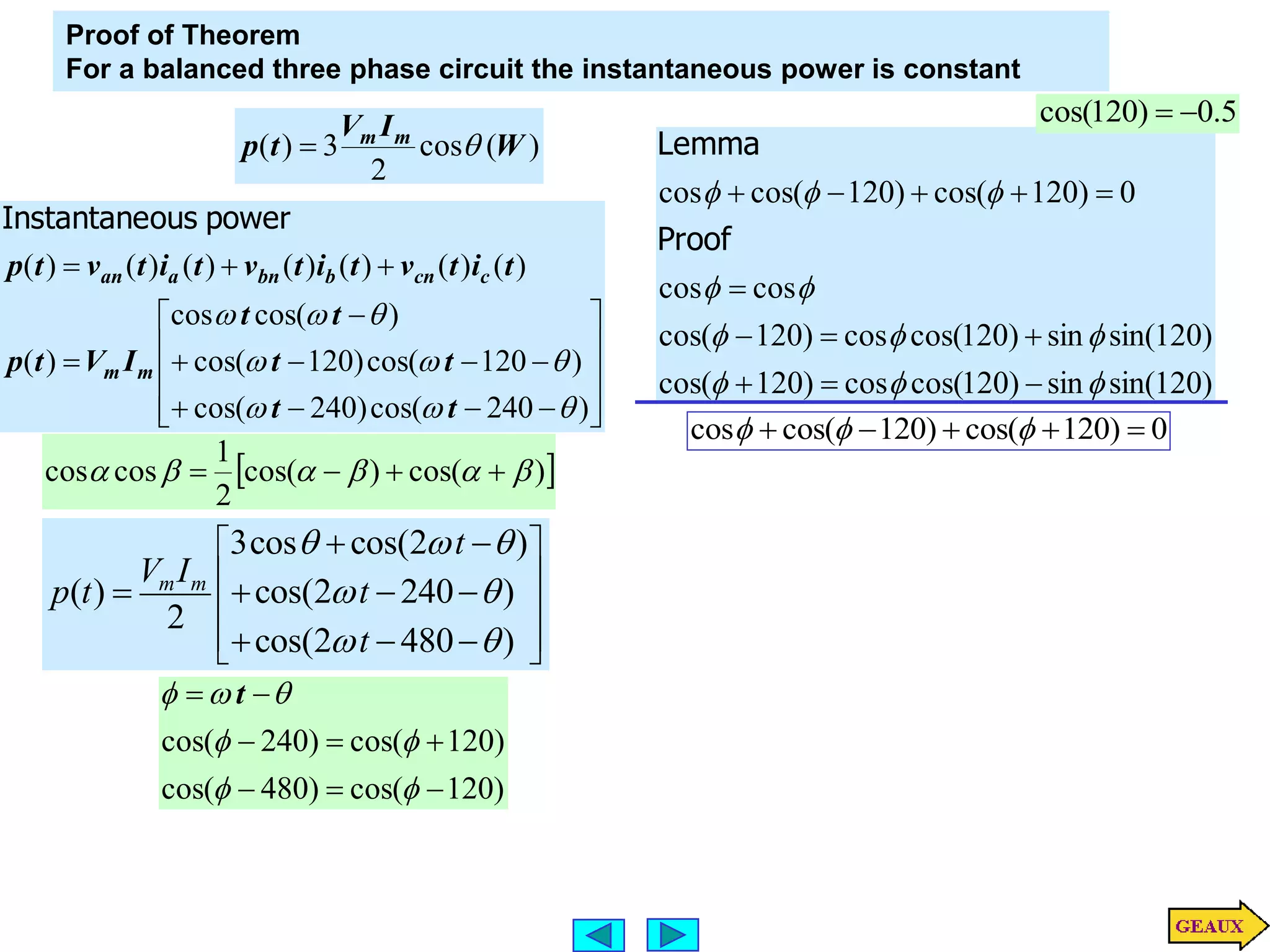 Proof of Theorem
For a balanced three phase circuit the instantaneous power is constant
)
(
cos
2
3
)
( W
I
V
t
p m
m

























)
240
cos(
)
240
cos(
)
120
cos(
)
120
cos(
)
cos(
cos
)
(
)
(
)
(
)
(
)
(
)
(
)
(
)
(









t
t
t
t
t
t
I
V
t
p
t
i
t
v
t
i
t
v
t
i
t
v
t
p
m
m
c
cn
b
bn
a
an
power
ous
Instantane
 
)
cos(
)
cos(
2
1
cos
cos 




 



3cos cos(2 )
( ) cos(2 240 )
2
cos(2 480 )
m m
t
V I
p t t
t
  
 
 
 
 
 
 
 
 
   
  
)
120
sin(
sin
)
120
cos(
cos
)
120
cos(
)
120
sin(
sin
)
120
cos(
cos
)
120
cos(
cos
cos
0
)
120
cos(
)
120
cos(
cos























Proof
Lemma
5
.
0
)
120
cos( 

0
)
120
cos(
)
120
cos(
cos 



 


)
120
cos(
)
480
cos(
)
120
cos(
)
240
cos(














 t
 