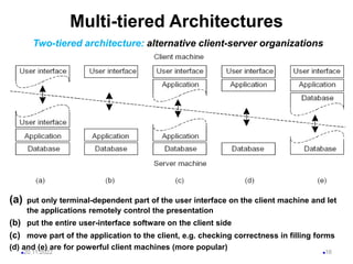 Multi-tiered Architectures
(a) put only terminal-dependent part of the user interface on the client machine and let
the applications remotely control the presentation
(b) put the entire user-interface software on the client side
(c) move part of the application to the client, e.g. checking correctness in filling forms
(d) and (e) are for powerful client machines (more popular)
20.11.2022 16
Two-tiered architecture: alternative client-server organizations
 