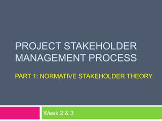 PROJECT STAKEHOLDER
MANAGEMENT PROCESS
PART 1: NORMATIVE STAKEHOLDER THEORY




       Week 2 & 3
 