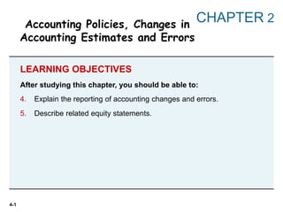 4-1
4. Explain the reporting of accounting changes and errors.
5. Describe related equity statements.
After studying this chapter, you should be able to:
Accounting Policies, Changes in
Accounting Estimates and Errors
CHAPTER 2
LEARNING OBJECTIVES
 