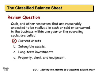 The Classified Balance Sheet
    The Classified Balance Sheet

     Review Question
          Cash, and other resources that are reasonably
          expected to be realized in cash or sold or consumed
          in the business within one year or the operating
          cycle, are called:
           a. Current assets.
           b. Intangible assets.
           c. Long-term investments.
           d. Property, plant, and equipment.


Chapter
 2-11                   SO 1 Identify the sections of a classified balance sheet.
 