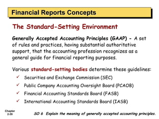 Financial Reports Concepts
    Financial Reports Concepts

     The Standard-Setting Environment
     Generally Accepted Accounting Principles (GAAP) - A set
     of rules and practices, having substantial authoritative
     support, that the accounting profession recognizes as a
     general guide for financial reporting purposes.

     Various standard-setting bodies determine these guidelines:
           Securities and Exchange Commission (SEC)
           Public Company Accounting Oversight Board (PCAOB)
           Financial Accounting Standards Board (FASB)
           International Accounting Standards Board (IASB)

Chapter
 2-39            SO 6 Explain the meaning of generally accepted accounting principles.
 
