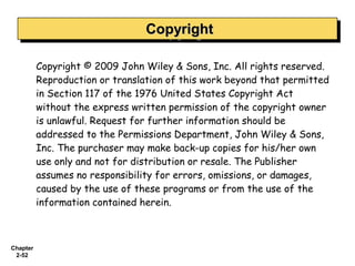 Copyright
                                 Copyright

          Copyright © 2009 John Wiley & Sons, Inc. All rights reserved.
          Reproduction or translation of this work beyond that permitted
          in Section 117 of the 1976 United States Copyright Act
          without the express written permission of the copyright owner
          is unlawful. Request for further information should be
          addressed to the Permissions Department, John Wiley & Sons,
          Inc. The purchaser may make back-up copies for his/her own
          use only and not for distribution or resale. The Publisher
          assumes no responsibility for errors, omissions, or damages,
          caused by the use of these programs or from the use of the
          information contained herein.



Chapter
 2-52
 