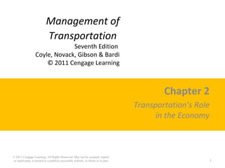 Management of
Transportation
Seventh Edition
Coyle, Novack, Gibson & Bardi
© 2011 Cengage Learning
Chapter 2
Transportation’s Role
in the Economy
© 2011 Cengage Learning. All Rights Reserved. May not be scanned, copied
or duplicated, or posted to a publicly accessible website, in whole or in part. 1
 