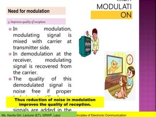 Need for modulation
5. Improves quality of reception
 In modulation,
modulating signal is
mixed with carrier at
transmitter side.
 In demodulation at the
receiver, modulating
signal is recovered from
the carrier.
 The quality of this
demodulated signal is
noise free if proper
technique is utilised.
 No external unwanted
signals are added in the
Thus reduction of noise in modulation
improves the quality of reception.
22334 – Principles of Electronic Communication
Ms. Kavita Giri, Lecturer (ET), GRWP, Latur
 