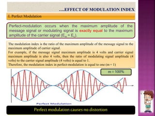EC403E– Basics of Communication
Ms. KavitaGiri,Lecturer (EC), Govt.Polytechnic,Nagpur
I. Perfect Modulation
The modulation index is the ratio of the maximum amplitude of the message signal to the
maximum amplitude of carrier signal.
For example, if the message signal maximum amplitude is 4 volts and carrier signal
maximum amplitude is also 4 volts, then the ratio of modulating signal amplitude (4
volts) to the carrier signal amplitude (4 volts) is equal to 1.
Therefore, the modulation index in perfect-modulation is equal to one (m = 1).
Perfect-modulation occurs when the maximum amplitude of the
message signal or modulating signal is exactly equal to the maximum
amplitude of the carrier signal (Em = Ec).
m =100%
Perfect modulation causes no distortion
 
