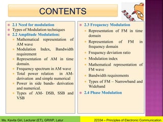 2.1 Need for modulation
 Types of Modulation techniques
 2.2 Amplitude Modulation:
 Mathematical representation of
AM wave
 Modulation Index, Bandwidth
requirement
 Representation of AM in time
domain.
 Frequency spectrum in AM wave
 Total power relation in AM-
derivation and simple numerical
 Power in side bands- derivation
and numerical.
 Types of AM- DSB, SSB and
VSB
 2.3 Frequency Modulation
 Representation of FM in time
domain
 Representation of FM in
frequency domain
 Frequency deviation ratio
 Modulation index
 Mathematical representation of
FM wave
 Bandwidth requirements
 Types of FM – Narrowband and
Wideband
 2.4 Phase Modulation
22334 – Principles of Electronic Communication
Ms. Kavita Giri, Lecturer (ET), GRWP, Latur
 