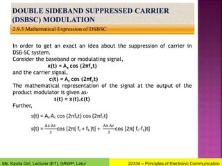 2.9.3 Mathematical Expression of DSBSC
In order to get an exact an idea about the suppression of carrier in
DSB-SC system.
Consider the baseband or modulating signal,
x(t) = Ax cos (2πfxt)
and the carrier signal,
c(t) = Ac cos (2πfct)
The mathematical representation of the signal at the output of the
product modulator is given as-
s(t) = x(t).c(t)
Further,
22334 – Principles of Electronic Communication
Ms. Kavita Giri, Lecturer (ET), GRWP, Latur
 