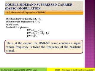 2.9.3 Mathematical Expression of DSBSC
The maximum frequency is fc + fx
The minimum frequency is fc – fx
As we know,
Bandwidth is given as
BW = fmax – fmin
BW = fc + fx – (fc – fx)
BW = 2fx
Thus, at the output, the DSB-SC wave contains a signal
whose frequency is twice the frequency of the baseband
signal.
22334 – Principles of Electronic Communication
Ms. Kavita Giri, Lecturer (ET), GRWP, Latur
 