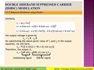 2.9.5 Balanced Modulator using Diodes
Similarly,
the output voltage is given by
vo = i1 R – i2 R
On substituting the above-given value of i1 and i2 in the output
equation, we will have,
vo = R [2 a x(t)] (+ 4b x (t) cos ωct)]
Therefore, the output is,
vo = 2aR x(t) + 4bRx (t) cos ωct
modulating signal DSB-SC signal
22334 – Principles of Electronic Communication
Ms. Kavita Giri, Lecturer (ET), GRWP, Latur
 