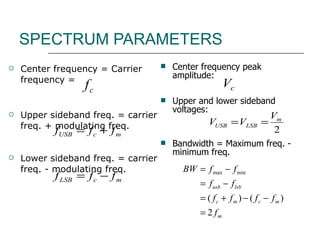 SPECTRUM PARAMETERS  Center frequency = Carrier frequency =  Upper sideband freq. = carrier freq. + modulating freq. Lower sideband freq. = carrier freq. - modulating freq. Center frequency peak amplitude: Upper and lower sideband voltages: Bandwidth = Maximum freq. - minimum freq. 