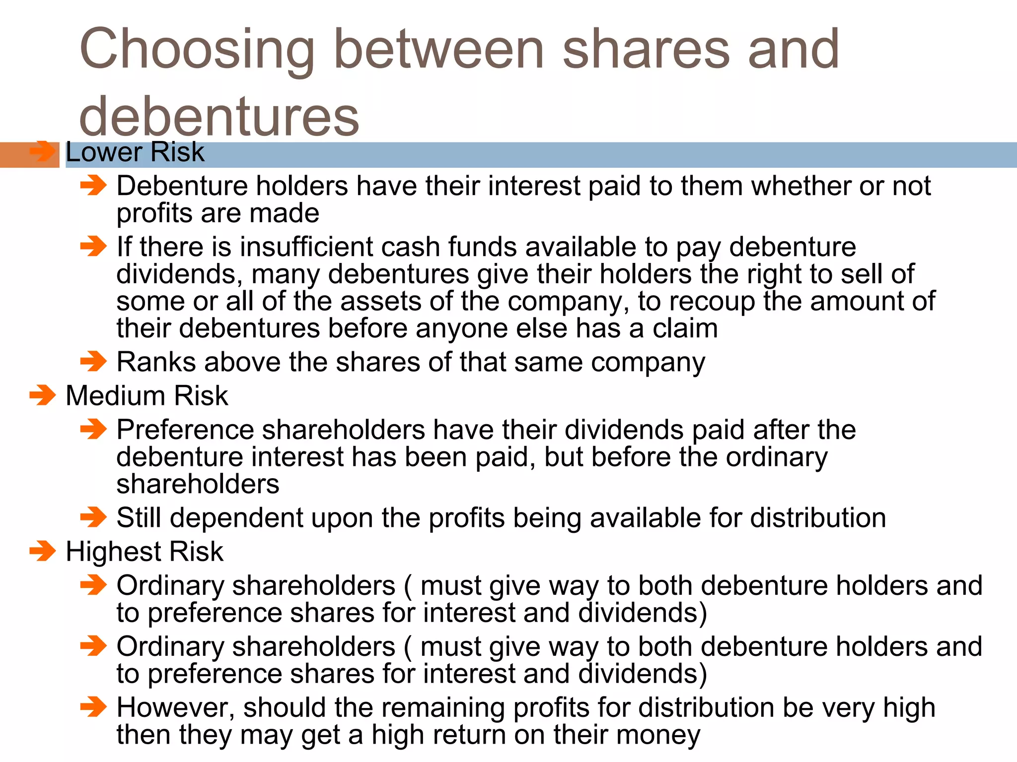 Choosing between shares and
debentures
 Lower Risk
 Debenture holders have their interest paid to them whether or not
profits are made
 If there is insufficient cash funds available to pay debenture
dividends, many debentures give their holders the right to sell of
some or all of the assets of the company, to recoup the amount of
their debentures before anyone else has a claim
 Ranks above the shares of that same company
 Medium Risk
 Preference shareholders have their dividends paid after the
debenture interest has been paid, but before the ordinary
shareholders
 Still dependent upon the profits being available for distribution
 Highest Risk
 Ordinary shareholders ( must give way to both debenture holders and
to preference shares for interest and dividends)
 Ordinary shareholders ( must give way to both debenture holders and
to preference shares for interest and dividends)
 However, should the remaining profits for distribution be very high
then they may get a high return on their money
 