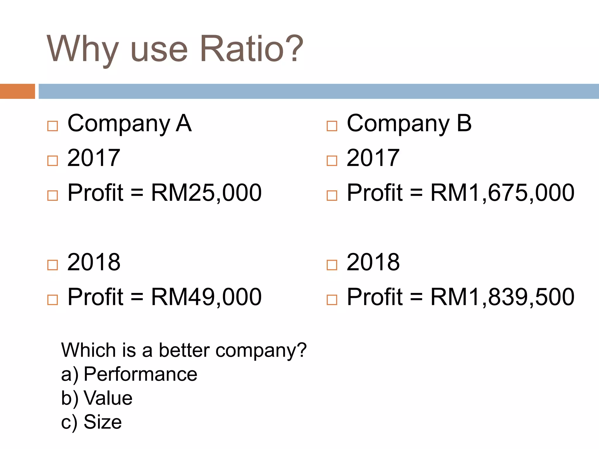 Why use Ratio?
 Company A
 2017
 Profit = RM25,000
 2018
 Profit = RM49,000
 Company B
 2017
 Profit = RM1,675,000
 2018
 Profit = RM1,839,500
Which is a better company?
a) Performance
b) Value
c) Size
 