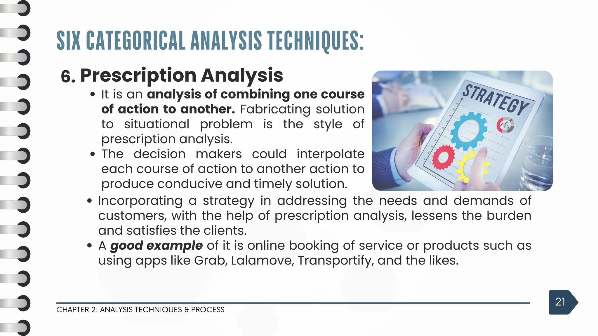SIX CATEGORICAL ANALYSIS TECHNIQUES:
CHAPTER 2: ANALYSIS TECHNIQUES & PROCESS
21
6. Prescription Analysis
It is an analysis of combining one course
of action to another. Fabricating solution
to situational problem is the style of
prescription analysis.
The decision makers could interpolate
each course of action to another action to
produce conducive and timely solution.
Incorporating a strategy in addressing the needs and demands of
customers, with the help of prescription analysis, lessens the burden
and satisfies the clients.
A good example of it is online booking of service or products such as
using apps like Grab, Lalamove, Transportify, and the likes.
 