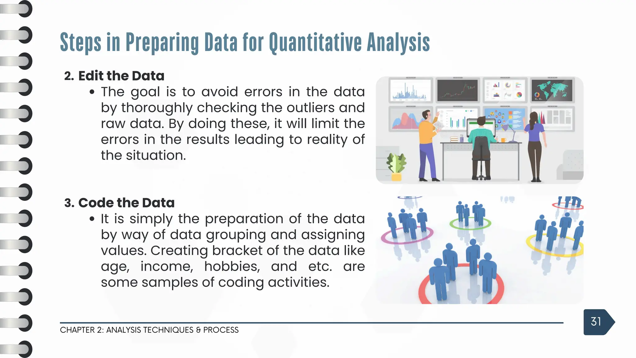 Steps in Preparing Data for Quantitative Analysis
CHAPTER 2: ANALYSIS TECHNIQUES & PROCESS
31
2. Edit the Data
The goal is to avoid errors in the data
by thoroughly checking the outliers and
raw data. By doing these, it will limit the
errors in the results leading to reality of
the situation.
3. Code the Data
It is simply the preparation of the data
by way of data grouping and assigning
values. Creating bracket of the data like
age, income, hobbies, and etc. are
some samples of coding activities.
 